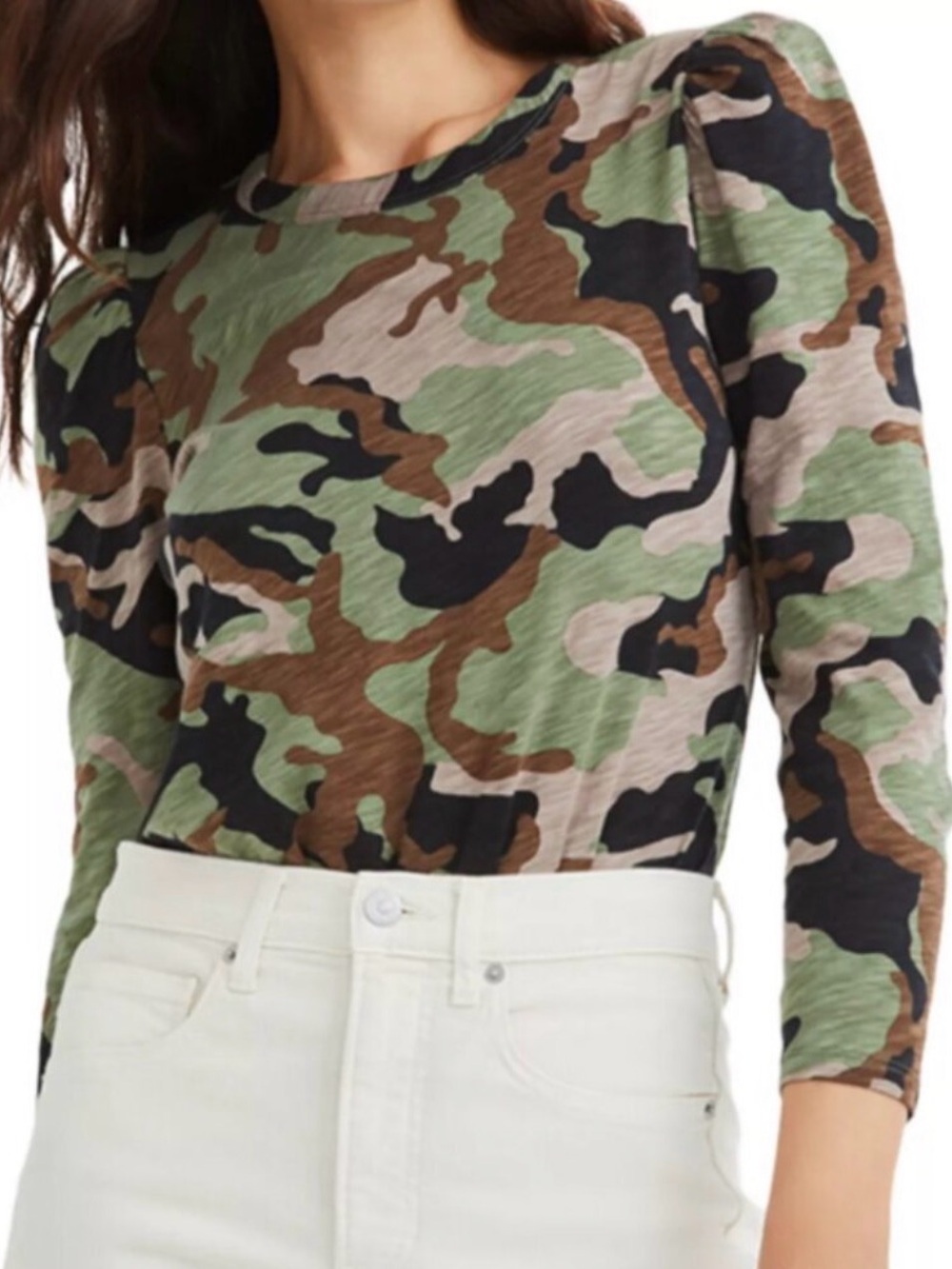 VERONICA BEARD Porter Camouflage Print Puff Long Sleeve Pullover Top Sz S